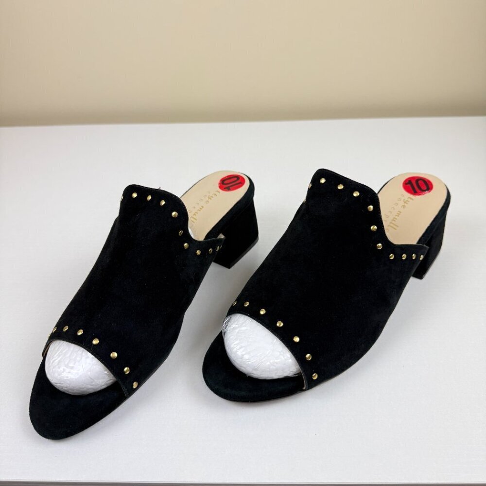 NEW Bettye Muller Fabian Studded Black Suede  Mules Stack Heel